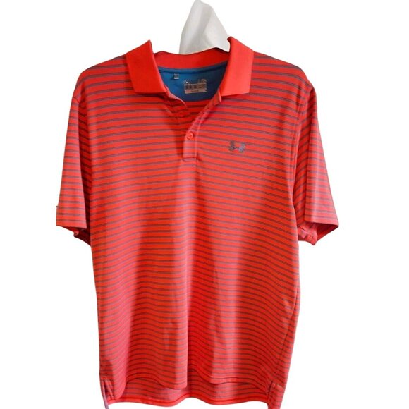 Under Armour Mens HeatGear Loose Fit Polo Shirt Red/Blue Striped LG 24" Armpit T - Picture 1 of 9